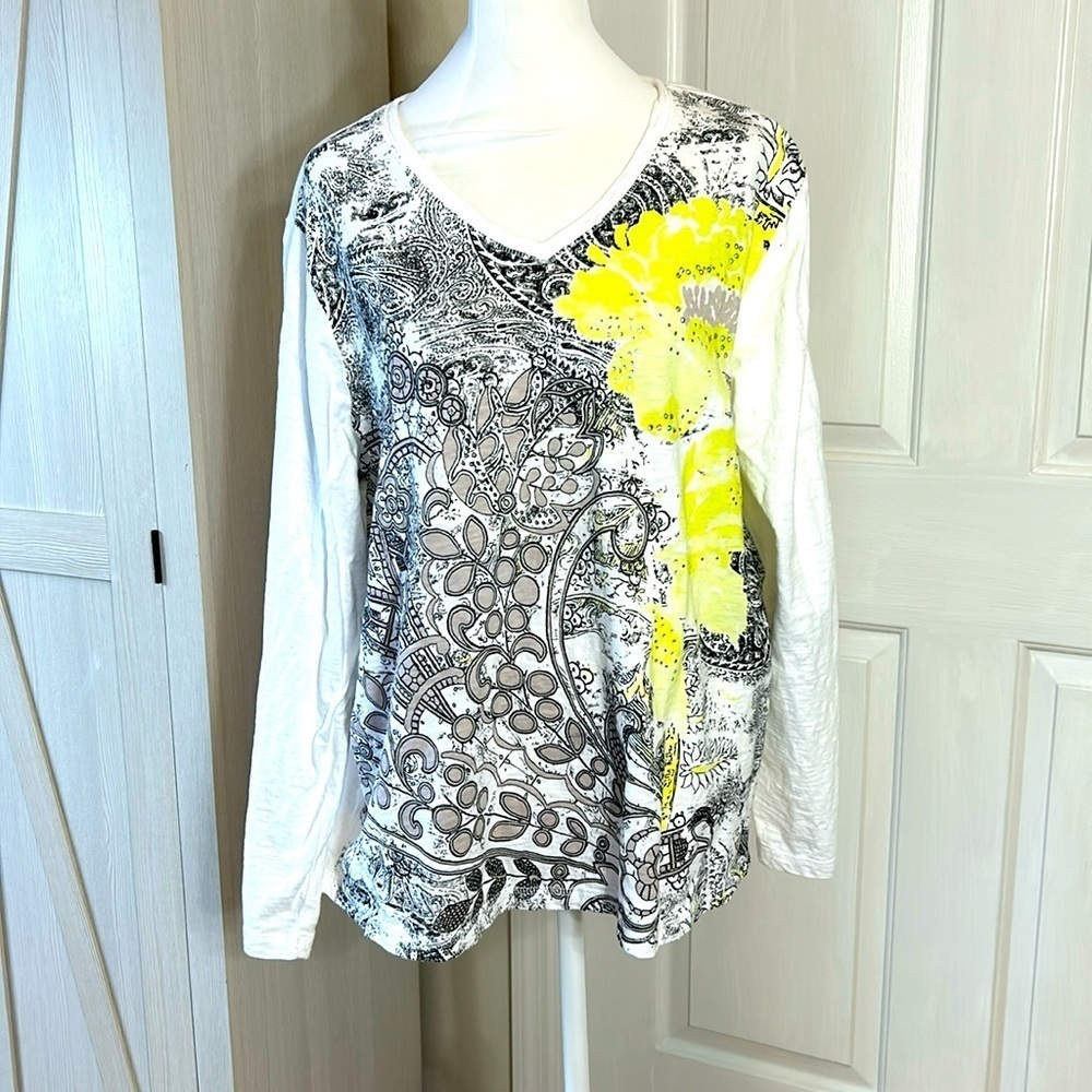 Chico's V-Neck Cotton Knit Embellish 3/4 Sleeve White Yellow Black Top Sz 3